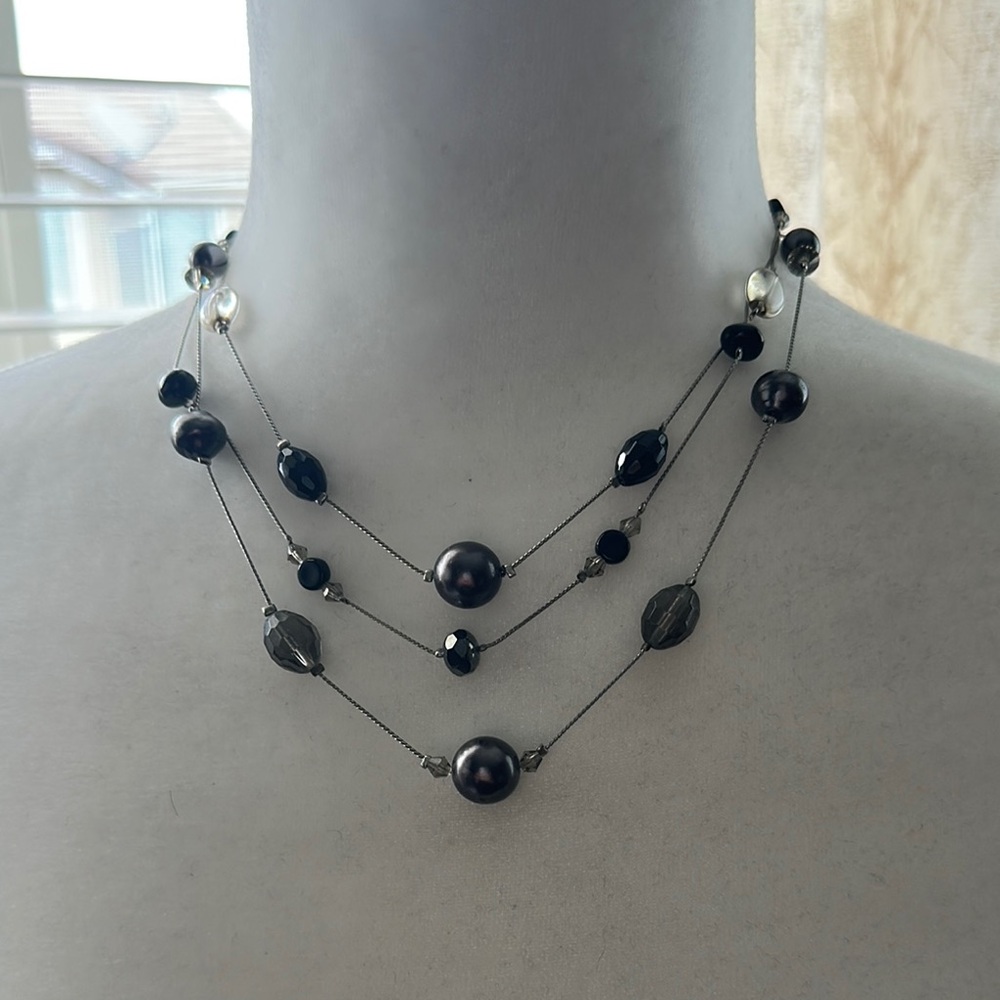 Black and Gray Beaded Multi-Strand Necklace with Silver Chains